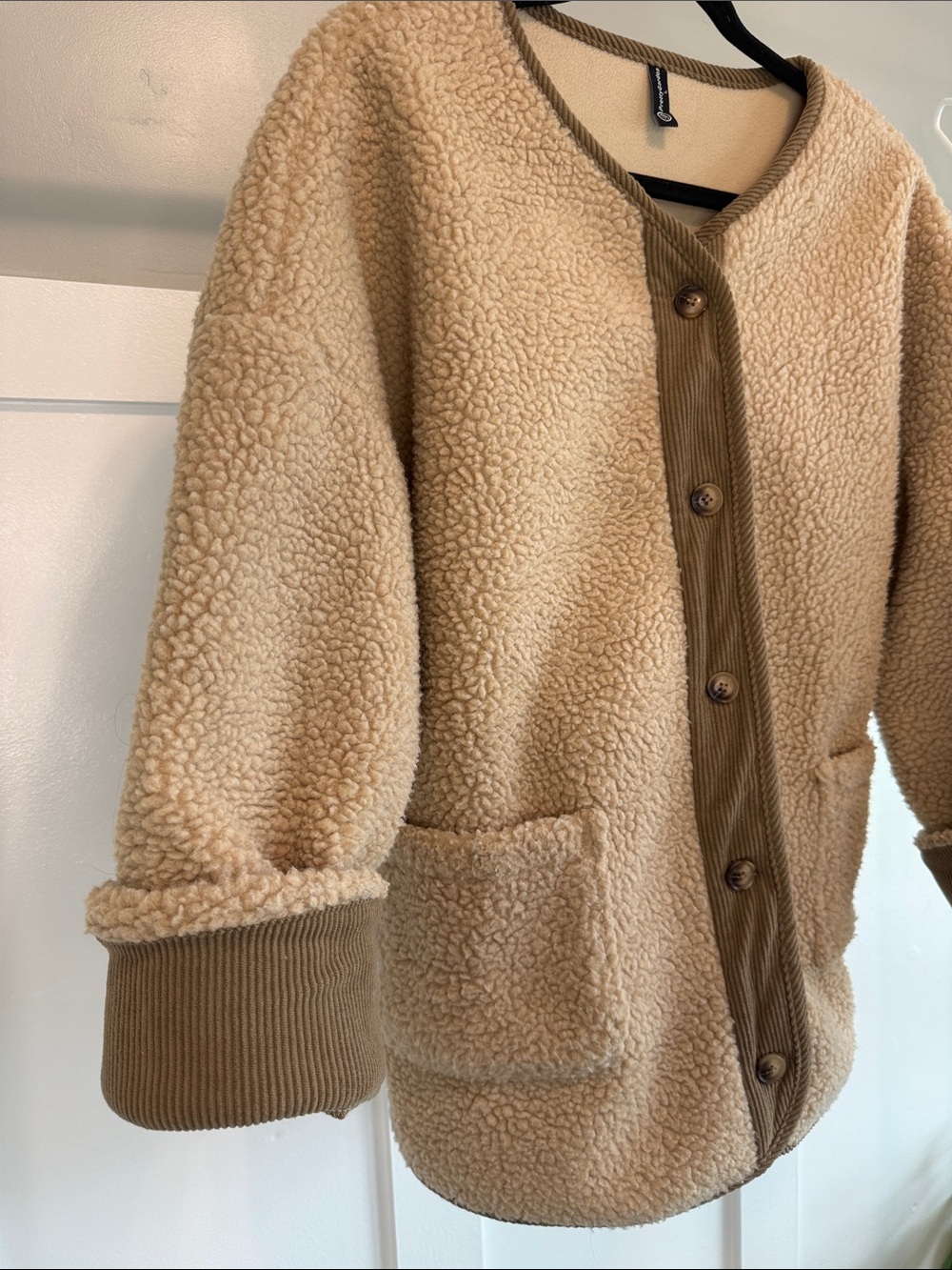 Plush Cream Teddy Jacket with Cord Trim